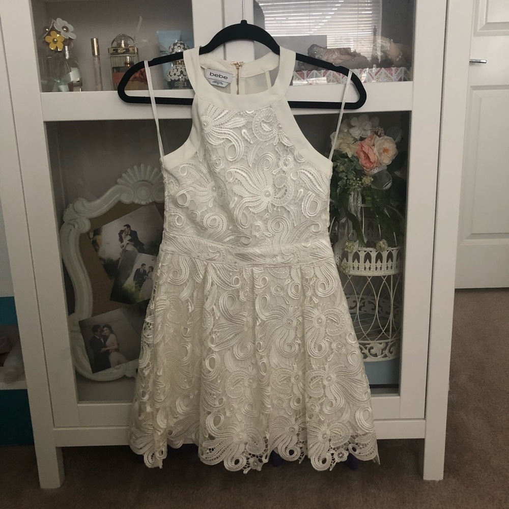 Used BEBE embroidered cream midi dress